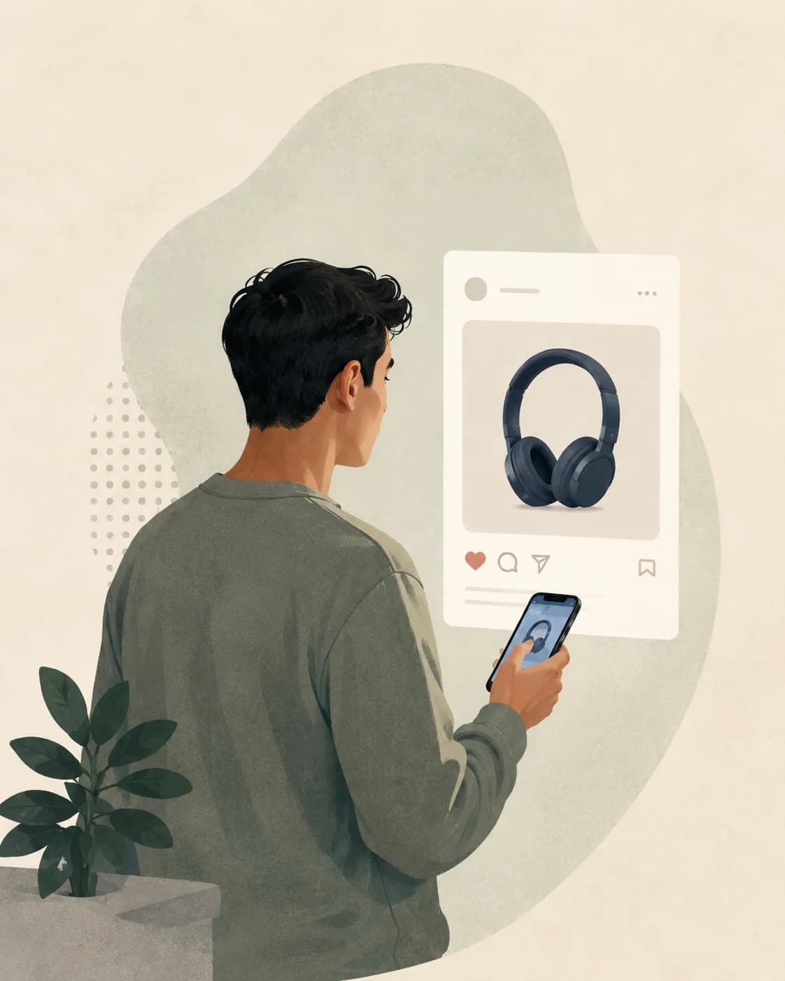 Social media user viewing a creator product recommendation for headphones on a phone.