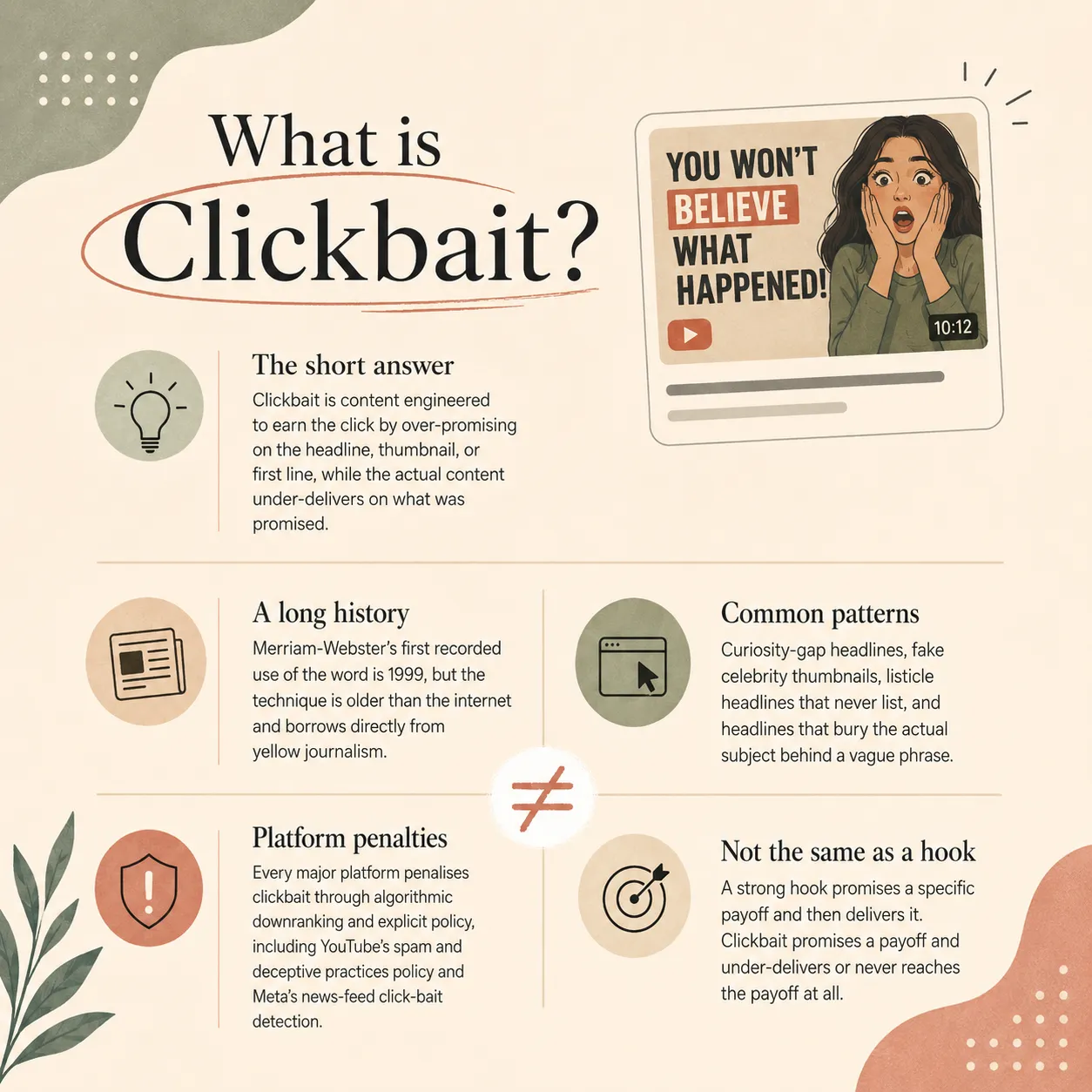 Clickbait overview showing the short answer, a long history, common patterns, platform penalties, and how it differs from a strong hook.