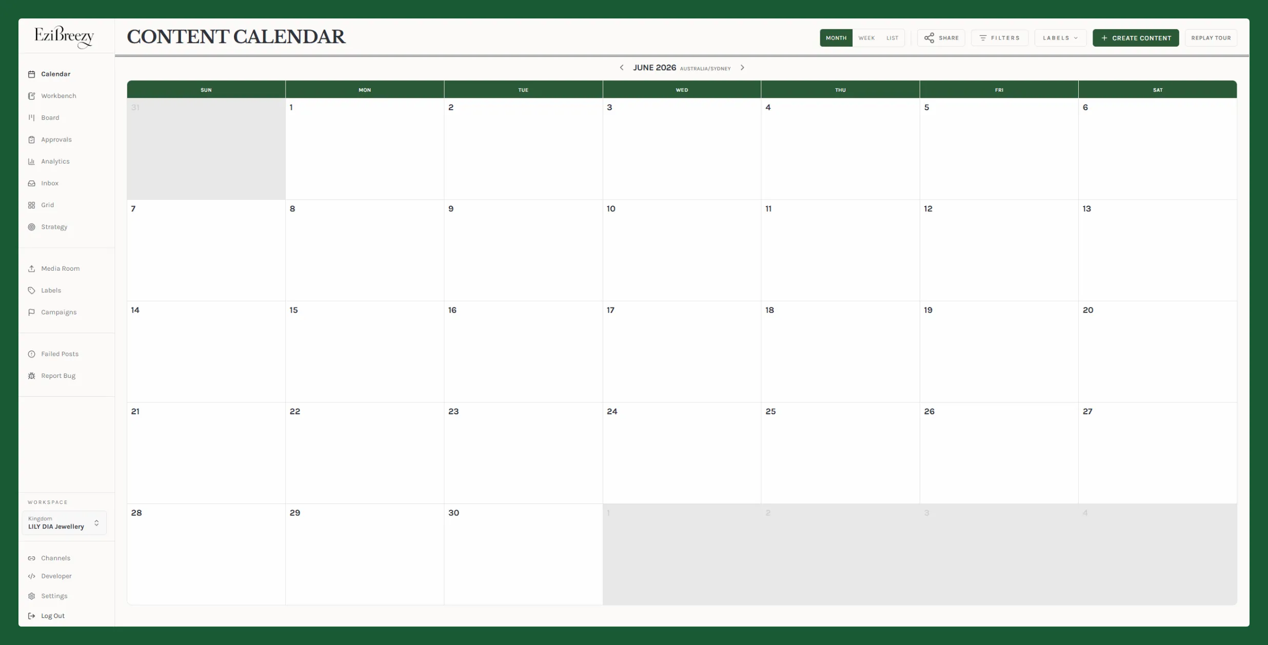 Empty EziBreezy monthly content calendar ready for a content batching session.