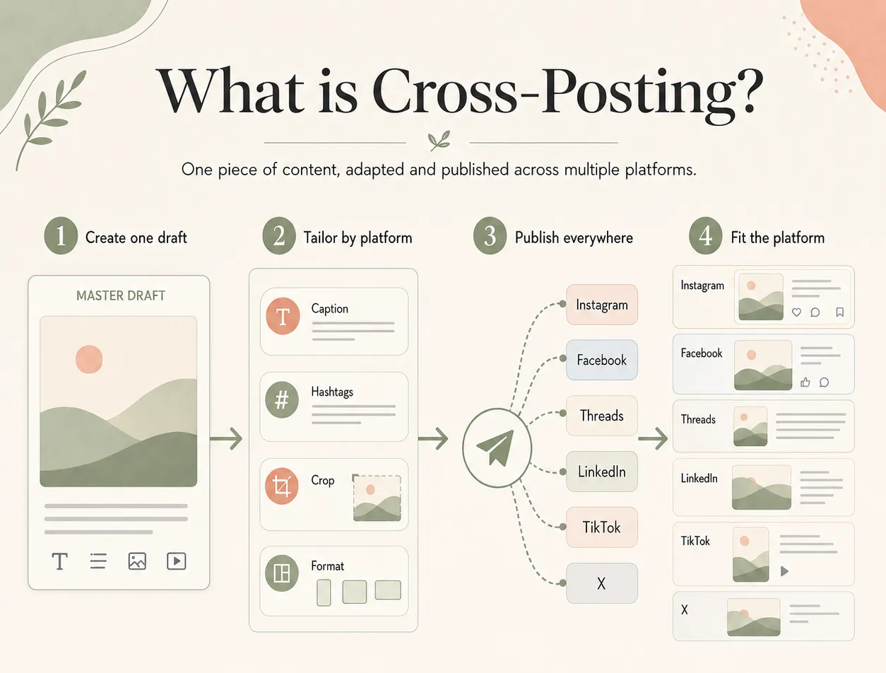 Cross-posting workflow in four steps: create one master draft, tailor by platform (caption, hashtags, crop, format), publish to Instagram, Facebook, Threads, LinkedIn, TikTok, and X, and fit each platform's feed format.