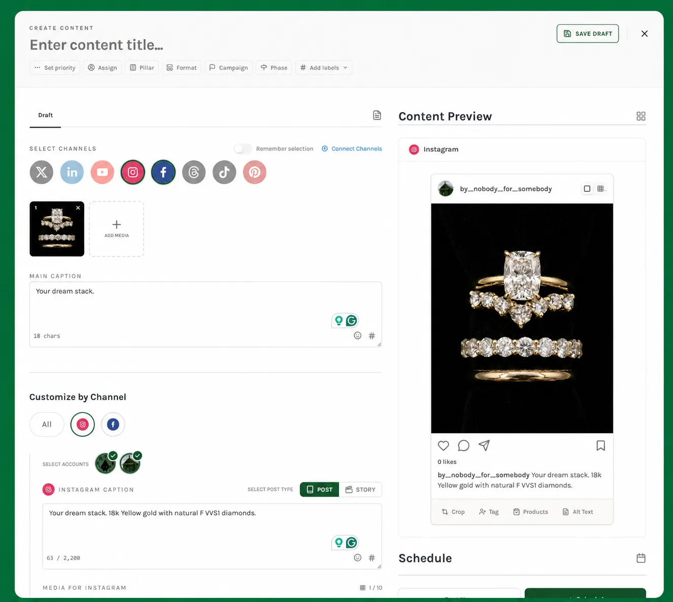 EziBreezy social media composer showing a main caption field, Instagram caption variant, and Instagram post preview.