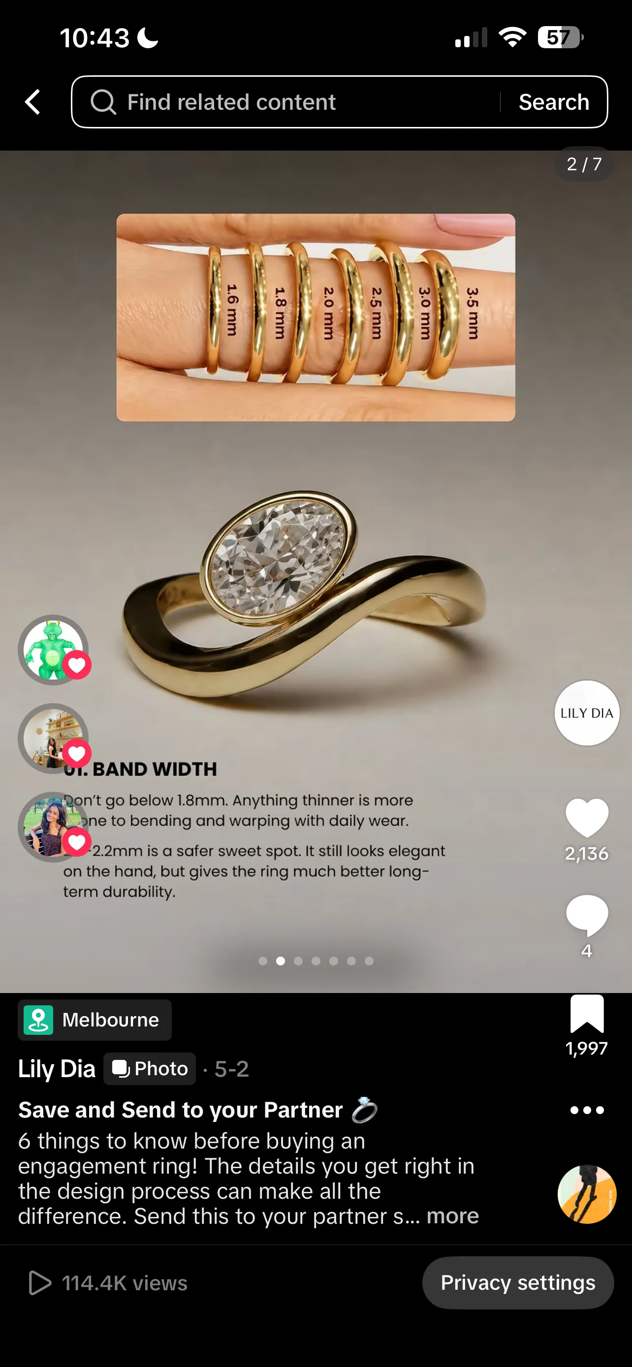 Lily Dia TikTok carousel slide explaining engagement ring band width with a 1.6mm to 3.5mm comparison.