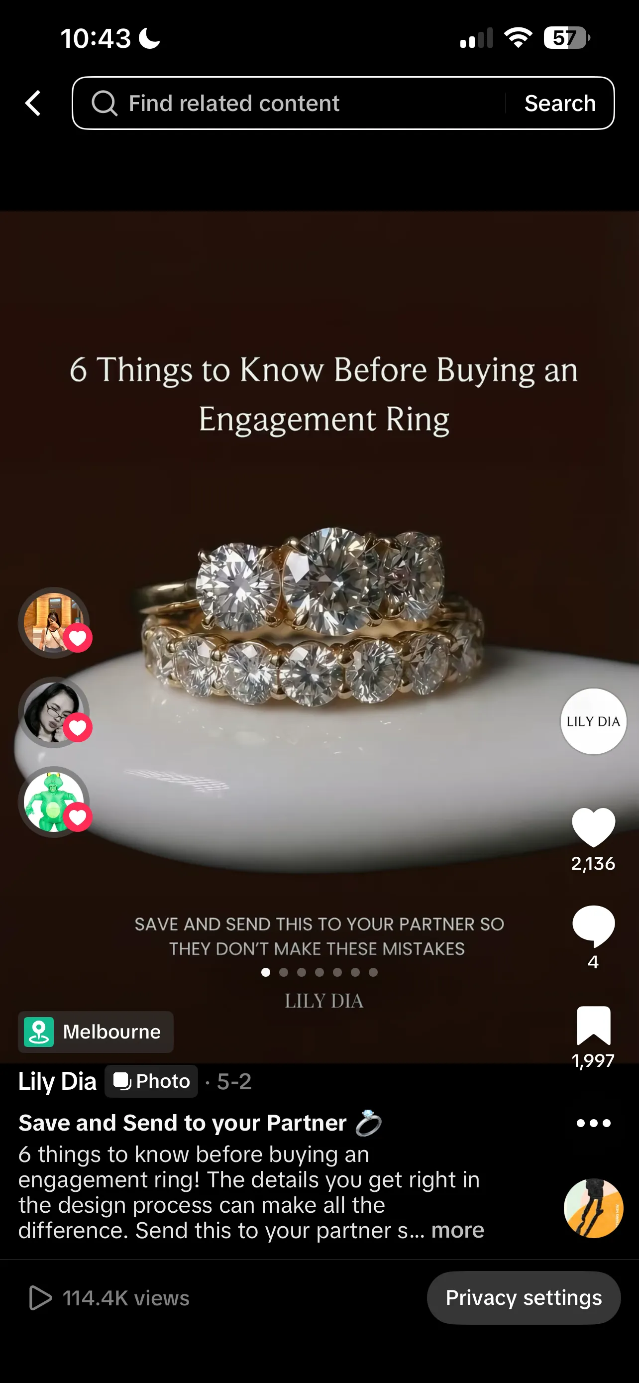 Lily Dia TikTok carousel cover slide titled six things to know before buying an engagement ring.