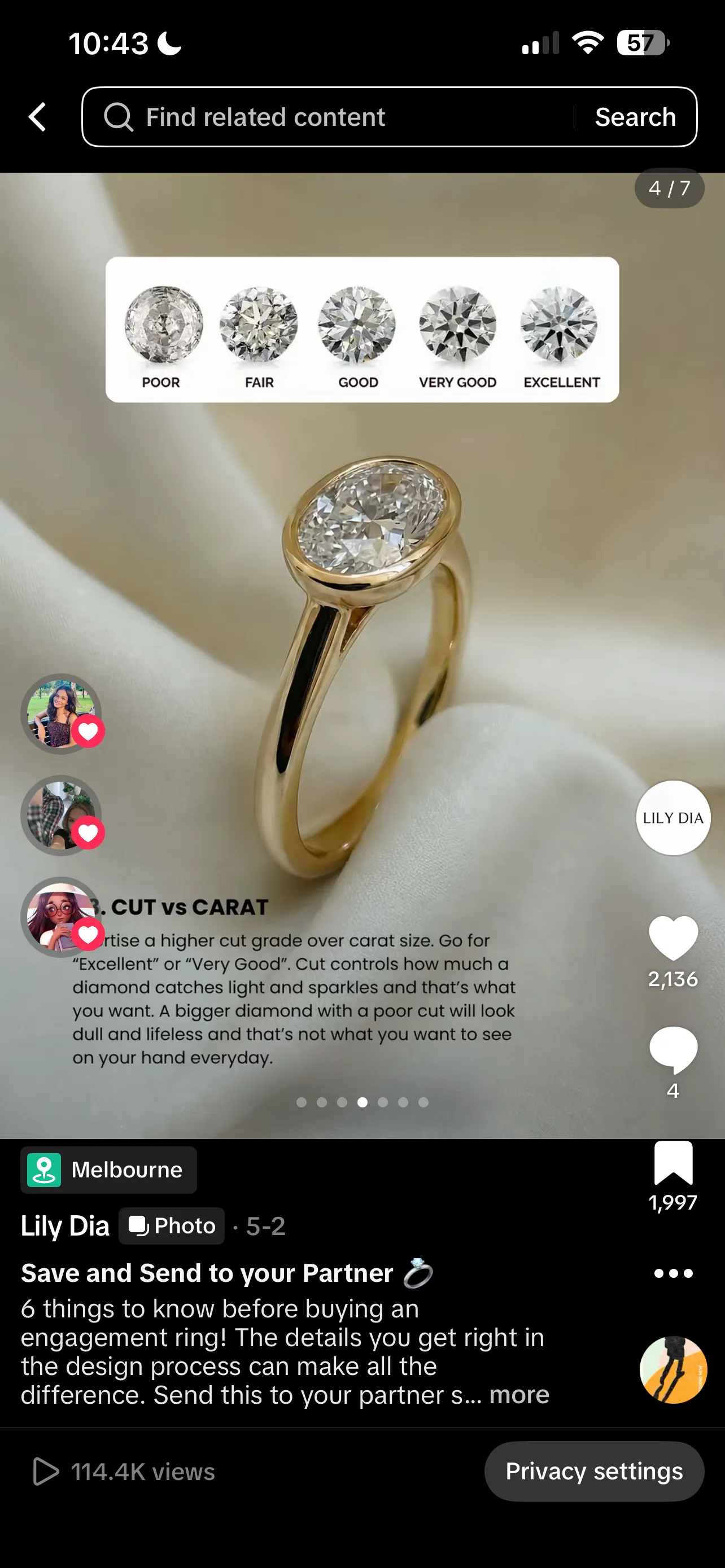 Lily Dia TikTok carousel slide on diamond cut versus carat, showing poor, fair, good, very good, and excellent grades.