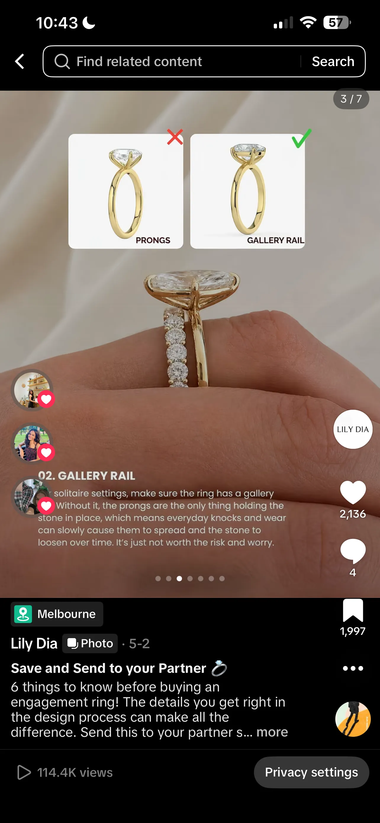 Lily Dia TikTok carousel slide comparing engagement ring settings with and without a gallery rail.