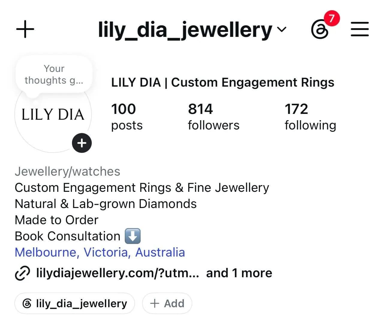 Lily Dia Jewellery Instagram profile bio showing a short jewellery business description, Melbourne location, and link in bio.