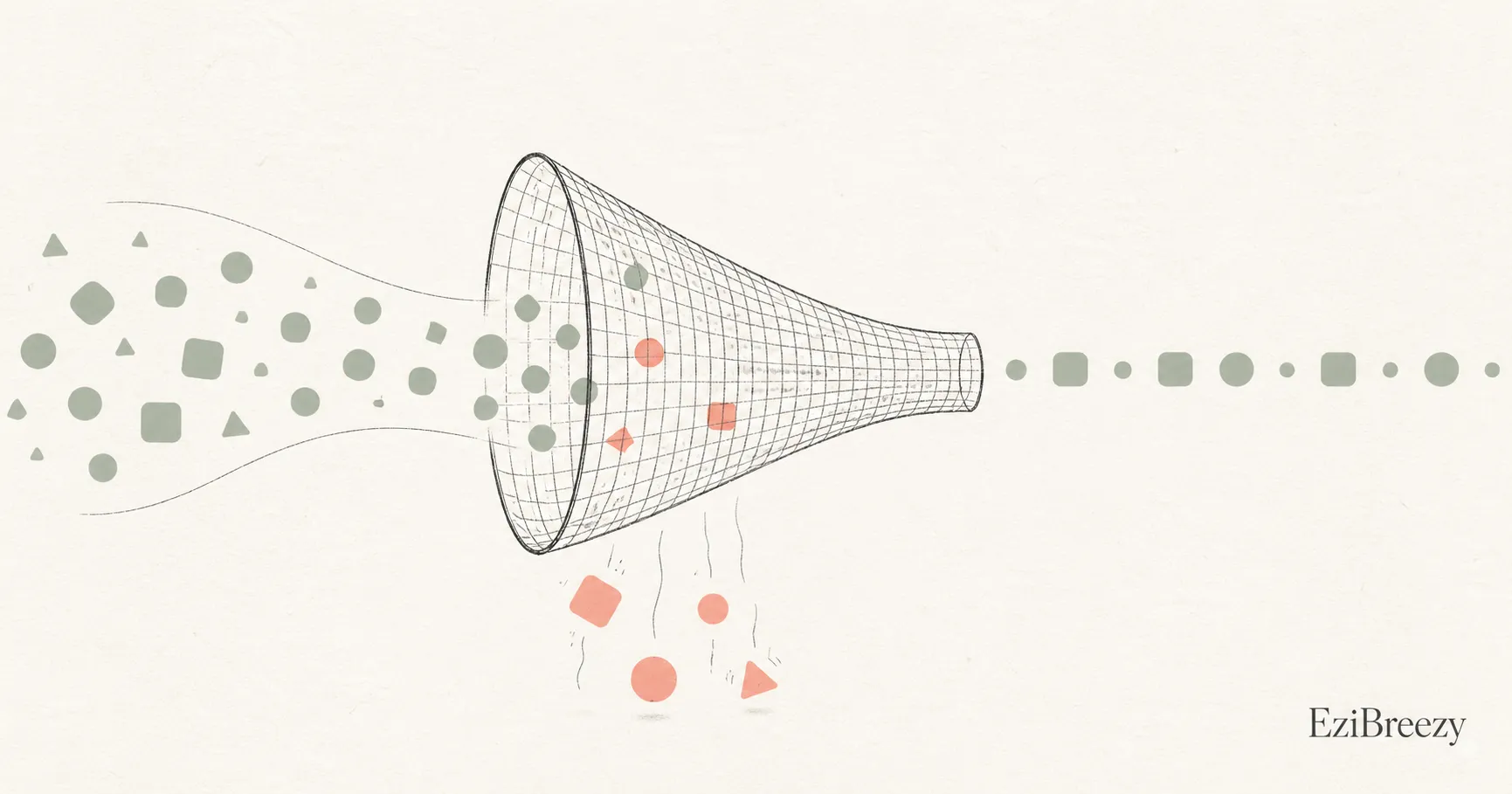 Abstract sieve illustration showing simple shapes flowing through — most pass cleanly, a few catch on the mesh and drift away — a metaphor for which Instagram settings schedule cleanly and which often do not
